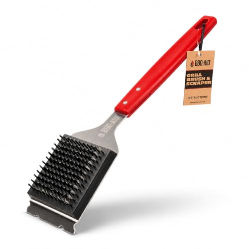 BBQ Grill Brush for Outdoor Grill Cleaner and Scraper, Replaceable Head | Barbecue grill cleaning brush with no-scratch stainless steel bristles and extended red handle, safe for any grill grate - color: Red