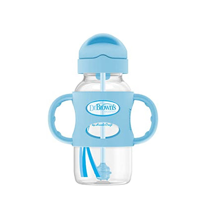 Dr. Brown's Milestones Wide-Neck Sippy Straw Bottle with 100% Silicone Handles and Weighted Straw, 9 oz/270 mL, Blue, 6m+ - color: Blue, size: 1 Count (Pack of 1)