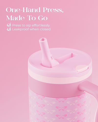 40 oz Insulated Tumbler with Handle and Push-Button Straw Lid, Stainless Steel Travel Cup for Gym Office, Leakproof, BPA-Free, Cup Holder Friendly, Bow Silicone Boot, Pink (Coquette Candy) - color: Coquette Candy