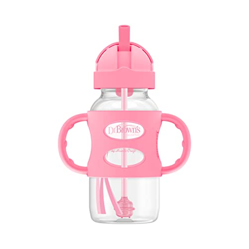 Dr. Brown's Wide-Neck Sippy Straw Bottle with Handles, Pink, 9oz/270ml, 1-Pack - color: Pink, size: 1 Count (Pack of 1)