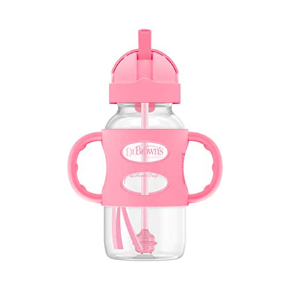 Dr. Brown's Wide-Neck Sippy Straw Bottle with Handles, Pink, 9oz/270ml, 1-Pack - color: Pink, size: 1 Count (Pack of 1)