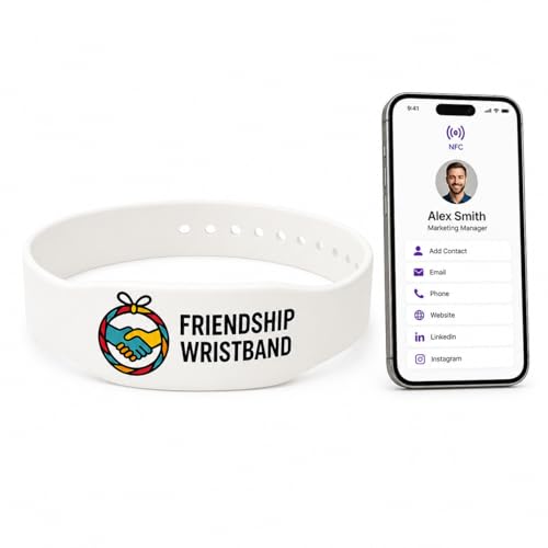 Business Networking NFC Wristband – Adjustable Skin-Safe Silicone Bracelet for Events & Conferences – Store Contact or Personal Information – Community & Professional Use - color: White