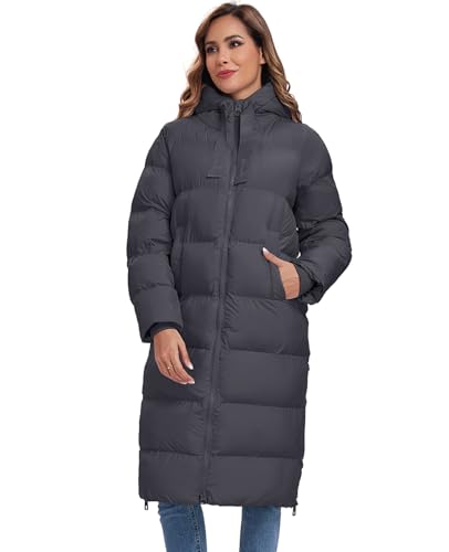 HOTIAN Womens Winter Maxi Long Puffer Coat Thicken Hooded Down Quilted Padded Jacket Winter Warm Outerwear - color: Grey, size: XX-Large