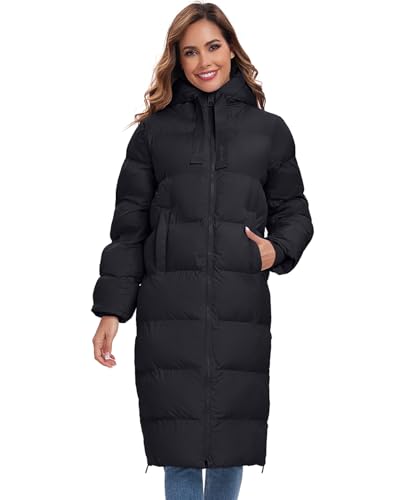 HOTIAN Womens Winter Maxi Long Puffer Coat Thicken Hooded Down Quilted Padded Jacket Winter Warm Outerwear - color: Black, size: Small