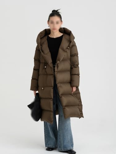 Women's White Duck Down Jacket Long Knee Length Hood Loose Warm and Thick Autumn/Winter Coat with Belt - size: Large