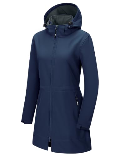 Outdoor Ventures Women's Softshell Jacket with Removable Hood Fleece Lined Windbreaker Insulated Long Warm Rain Jacket - color: Blue, size: X-Small