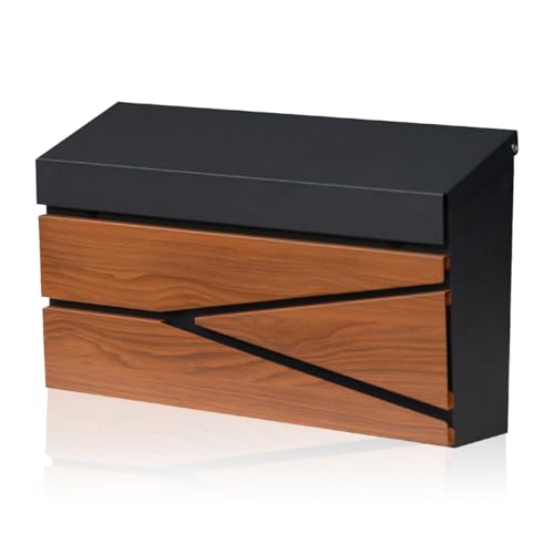 Ydocabinit Wall Mount Mailbox, Large Capacity Mailbox for House, Galvanized Steel Rust-Proof Metal Post Box Drop， Mailboxes for Outside, 15.74"×9.84"×4.33", Black Wooden Patterned Metal Sheet