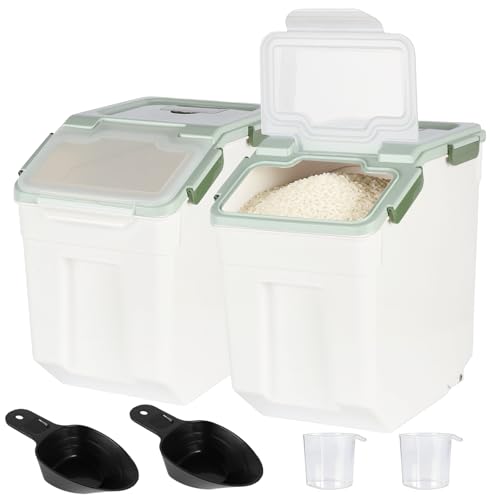 Rice Storage Container 50 lbs, Green, 2 Pack | Airtight, with Wheels, Locking Lid, Measuring Cup Included, for Flour Sugar Grain Cereal - color: Green, size: 50lbs