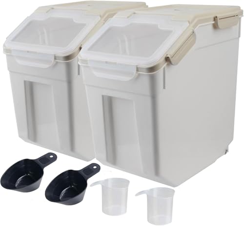 AnRui Airtight Flour Storage Container 25lb, Plastic Grain Storage Bucket, Rice Cereal Dispenser Organizer Box with Lid, Cat Dog Food Storage Bin with Measuring Cup, Scoop, Wheels, 2Pcs Grey - color: 2Pcs Grey