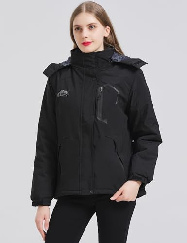 ELLSWOS Womens Winter Coats Waterproof Ski Jacket Warm Snow Jackets Windproof Windbreaker Hooded Raincoat - color: Black, size: Small