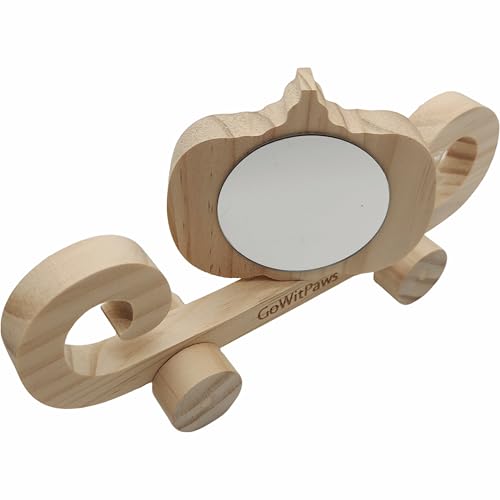 Pumpkin Carriage Mirror Toy for Small Birds, Natural Pine Wood, Dual-Sided Rotating Mirror, Rolling Wheels, 8.5x4.3 Inch