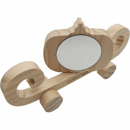 Pumpkin Carriage Mirror Toy for Small Birds, Natural Pine Wood, Dual-Sided Rotating Mirror, Rolling Wheels, 8.5x4.3 Inch