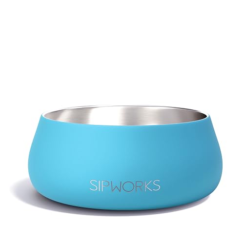 Sipworks Stainless Steel Dog Bowl – 32oz Weighted Metal Food and Water Bowls for Dogs and Cats with Non-Slip Base - Pet Bowls for All Breeds Sizes for Travel & Outdoor Play | Sky Blue - color: Sky Blue