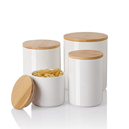 Sweejar Kitchen Canisters Ceramic Food Storage Jar Set, Stackable Containers with Airtight Seal Wooden Lid for Serving Ground Coffee, Tea, Herbs, Grains, Sugar, Salt - Set of 4 (White) - color: White, style: Set of 4(Classic Style)