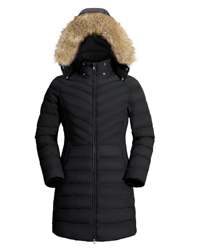 Pioneer Camp Women's Winter Coats Warm Thicken Long Puffer Jacket Waterproof Quilted Parka with Removable Faux Fur Hood - color: Black, size: Large