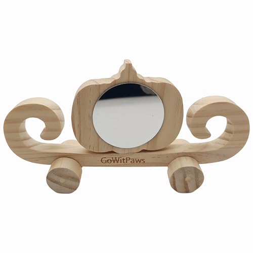 Pumpkin Carriage Mirror Toy for Small Birds, Natural Pine Wood, Dual-Sided Rotating Mirror, Rolling Wheels, 8.5x4.3 Inch