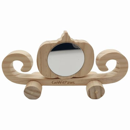 Pumpkin Carriage Mirror Toy for Small Birds, Natural Pine Wood, Dual-Sided Rotating Mirror, Rolling Wheels, 8.5x4.3 Inch