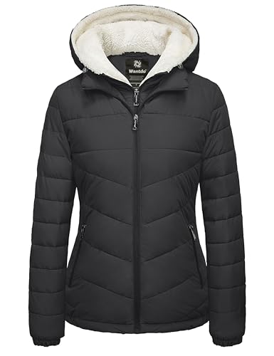 wantdo Women's Quilted Winter Coats Hooded Warm Puffer Jacket with Fleece Hood - color: Black, size: Large