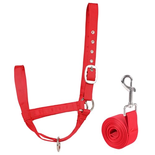 Cow Halter Cattle Halters Adjustable Calf Halter with Leading Rope for Horse Donkey Goat Nylon Cattle Training Supplies Red M - color: Red, size: M