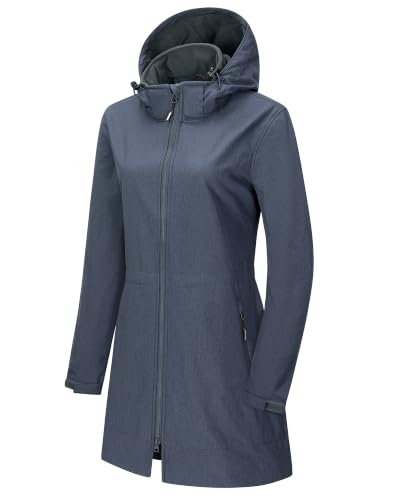 Outdoor Ventures Women's Softshell Jacket with Removable Hood Fleece Lined Windbreaker Insulated Long Warm Rain Jacket - color: Grey Blue Heather, size: XX-Large