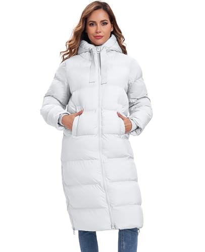 HOTIAN Womens Winter Maxi Long Puffer Coat Thicken Hooded Down Quilted Padded Jacket Winter Warm Outerwear - color: White, size: Small