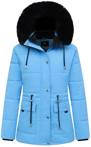MOERDENG Women's Warm Winter Puffer Coat Thicken Fleece Lined Down Jacket Faux Fur Detachable Hood Snow Parka - color: Denim Blue, size: XX-Large