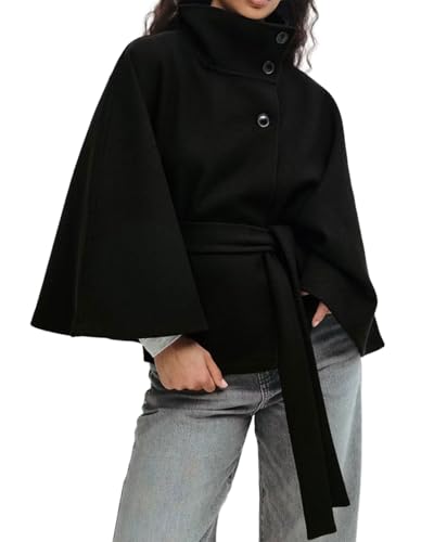 CHARTOU Women Batwing Sleeve Ponchos Pea Coat Wool Stand Collar Belt Capes Jacket Winter Cropped Overcoat - color: Black, size: Large