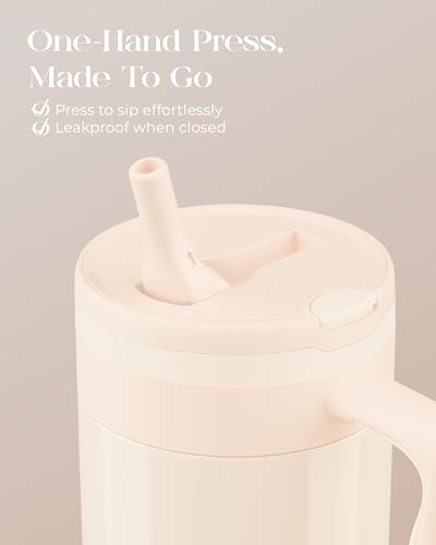 40 oz Insulated Tumbler with Handle and Push-Button Straw Lid, Stainless Steel Travel Cup for Gym Office, Leakproof, BPA-Free, Cup Holder Friendly, Bow Silicone Boot, Cream (Cloudy Cream) - color: Cloudy Cream