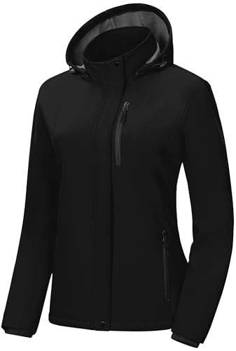 Pursky Women's Softshell Jacket Lightweight Fleece Lined Rain Jacket Waterproof Warm Windbreaker Coat With Removable Hood - color: Black, size: Medium