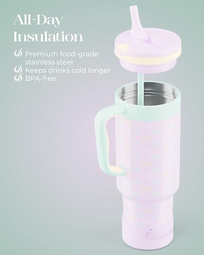 40 oz Insulated Tumbler with Handle and Push-Button Straw Lid, Stainless Steel Travel Cup for Gym Office, Leakproof, BPA-Free, Cup Holder Friendly, Bow Silicone Boot, Purple (Bow Lilac) - color: Bow Lilac