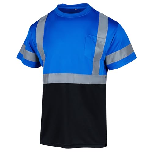VENDACE Hi Vis Reflective Safety Shirts for Men ANSI Class 1 High Visibility Construction Work T Shirt(Blue,L) - color: Blue-black, size: Large