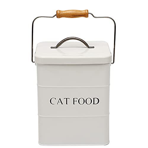 Cat Food Treat Storage Container with lid scoop included - Perfect Farmhouse Cat Food Bin for Kitchen Countertop, Shelf, Decoration Home - Cat Food - White - color: Cat Food Metal Lid