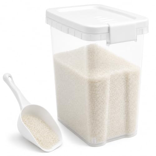 Tight-Lock Rice Container 10-15 Lbs - Airtight Flour Container with Scoop - Food-Grade Plastic Food Storage Container for Cereal, Sugar - Dry Food Dispenser for Kitchen, Pantry Organizers and Storage - color: Shiny White