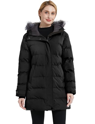 wantdo Women's Long Quilted Winter Coat Thicken Puffer Jacket with Faux Fur Hood - color: Black, size: Medium