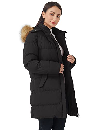 WenVen Women's Winter Thicken Puffer Coat Warm Jacket with Faux Fur Removable Hood - color: Black, size: 4X-Large