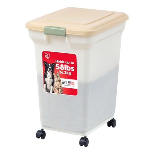 IRIS USA Dog Food Storage Container 58 lbs, Attachable Wheels, for Dog Cat Birds and other Pets, Food Storage Bin, Keep Fresh, Easy Mobility, BPA Free - Made in the USA, Almond/Pearl - color: Almond/Pearl, size: 58 lbs