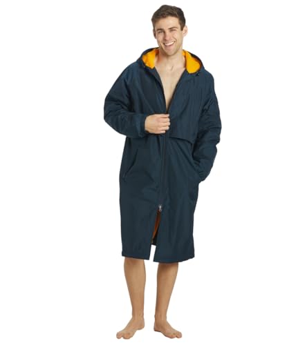 Sporti Unisex Swim Parka with Comfort Plush Fleece Lining, Multi Pocket Zipper - Water Resistant Swim Coats for Women & Men - color: Comfort - Navy /Gold, size: X-Small