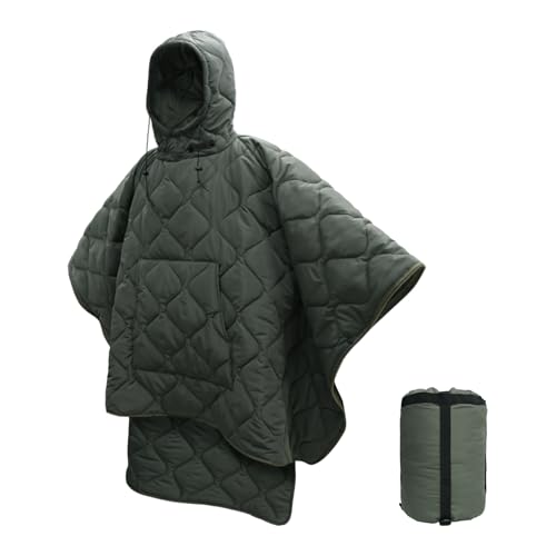 LOOGU Camo Blanket Waterproof Insulation Poncho Liner for Outdoor Camping, Hiking, Hunting, Survival, Backpacking, Picnicking - color: Alpha Green Hooded, size: One Size