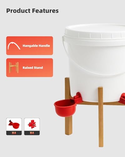 Chicken Waterer with Stand and Handle, 1 Gallon Poultry Waterer with 4 Drinking Cups and 4 Horizontal Nipples, Raised or Hanging Water Bucket for Chickens, Ducks, Geese, Chicks and Backyard Coop