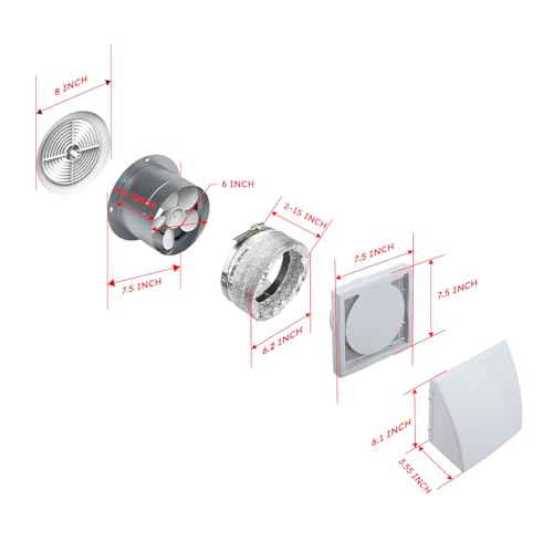 Quini 512M 6-inch Through Wall Exhaust Fan, 80 CFM 4.0 Sones, Bathroom Wall Exhaust Fan, Kitchen Ventilation Fan, 6-inch Diameter Vent, Retractable Duct, One-Year Warranty
