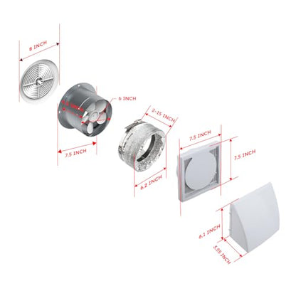 Quini 512M 6-inch Through Wall Exhaust Fan, 80 CFM 4.0 Sones, Bathroom Wall Exhaust Fan, Kitchen Ventilation Fan, 6-inch Diameter Vent, Retractable Duct, One-Year Warranty