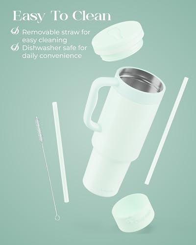 40 oz Insulated Tumbler with Handle and Push-Button Straw Lid, Stainless Steel Travel Cup for Gym Office, Leakproof, BPA-Free, Cup Holder Friendly, Bow Silicone Boot, Green (Morning Mist) - color: Morning Mist