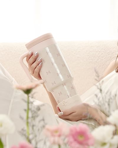 40 oz Insulated Tumbler with Handle and Push-Button Straw Lid, Stainless Steel Travel Cup for Gym Office, Leakproof, BPA-Free, Cup Holder Friendly, Bow Silicone Boot, Cream (Bow Cream) - color: Bow Cream