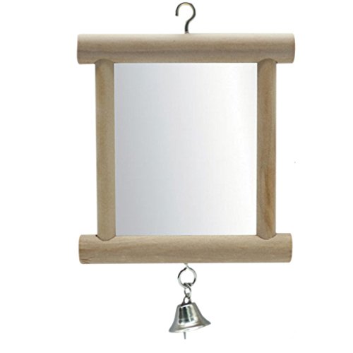 Hypeety Pet Bird Mirror with Bell Interactive Parrot Toy for Parrot Macaw African Greys Budgies Cockatoo Parakeet Cockatiels Conure Lovebird Cage Bells Mirror (C) - color: Wooden Mirror