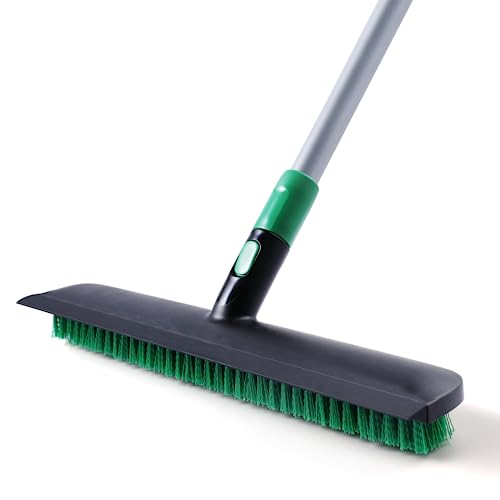 Eyliden Floor Scrub Brush, 15-inch Wide, 55" Long Handle Deck Brush | 2-in-1 Stiff Bristles and Rubber Squeegee, 45° Angle Head, Telescoping Handle, for Bathroom Shower Kitchen Patio Garage