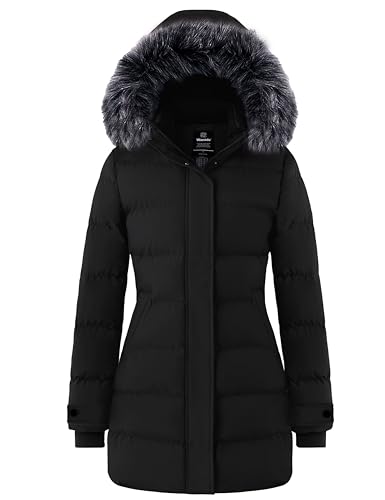 wantdo Women's Long Quilted Winter Coat Thicken Puffer Jacket with Faux Fur Hood - color: Black, size: Large