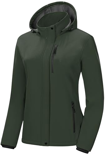 Pursky Women's Softshell Jacket Lightweight Fleece Lined Rain Jacket Waterproof Warm Windbreaker Coat With Removable Hood - color: Army Green, size: Large