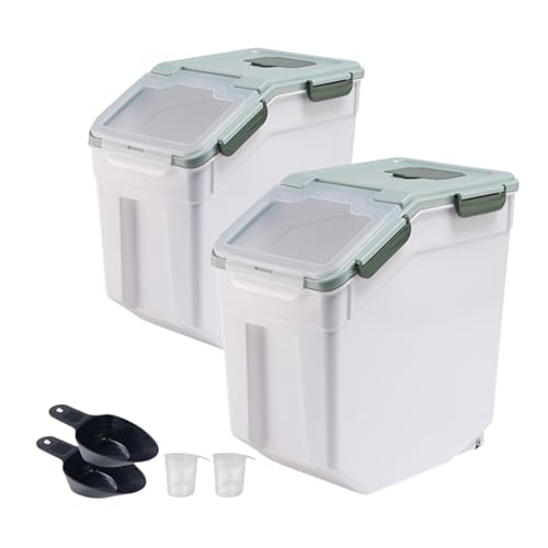 Rice Storage Container 25 lbs, 2 Packs Large Flour Storage Containers with Seal Locking Lid & Wheels, BPA Free Rice Dispenser, Measuring Cup | Scoop, for Sugar Cereal Dry Food, Dog Pet Food Bin -Green - color: 2Pcs 25LB Green
