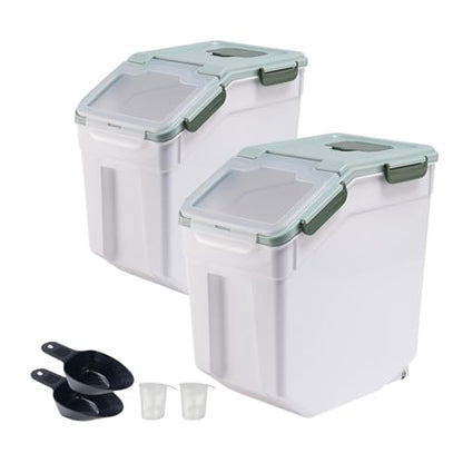 Rice Storage Container 25 lbs, 2 Packs Large Flour Storage Containers with Seal Locking Lid & Wheels, BPA Free Rice Dispenser, Measuring Cup | Scoop, for Sugar Cereal Dry Food, Dog Pet Food Bin -Green - color: 2Pcs 25LB Green