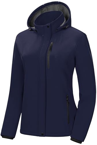 Pursky Women's Softshell Jacket Lightweight Fleece Lined Rain Jacket Waterproof Warm Windbreaker Coat With Removable Hood - color: Navy Blue, size: X-Small